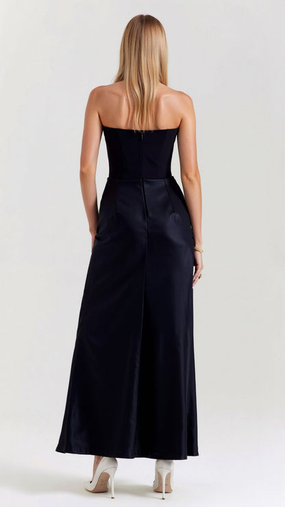 Astrid | Elegant Women's Wedding Guest Column Maxi Dress in Black Satin
