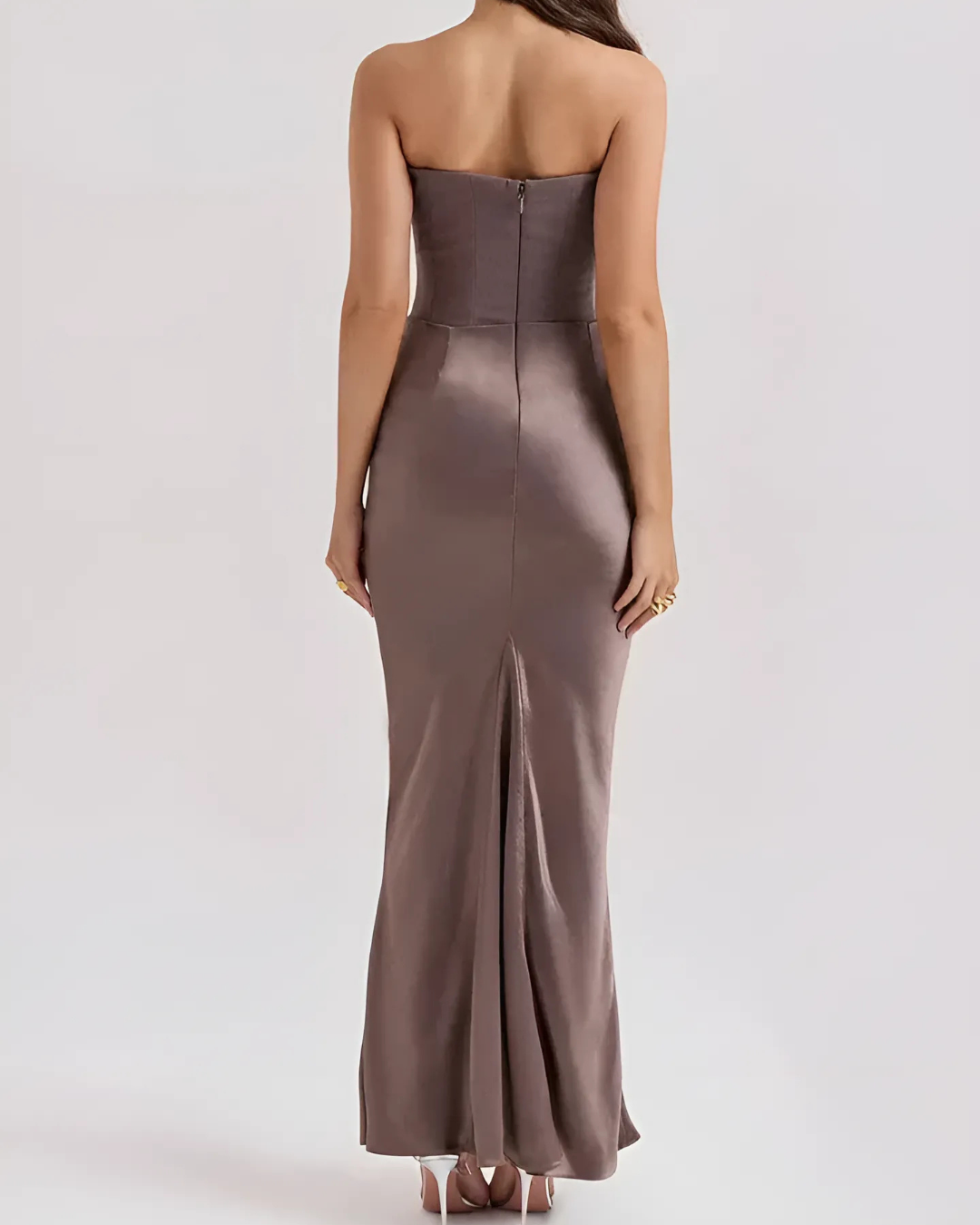 Astrid | Women’s Wedding Guest Draped Maxi Dress in Mauve Strapless Satin