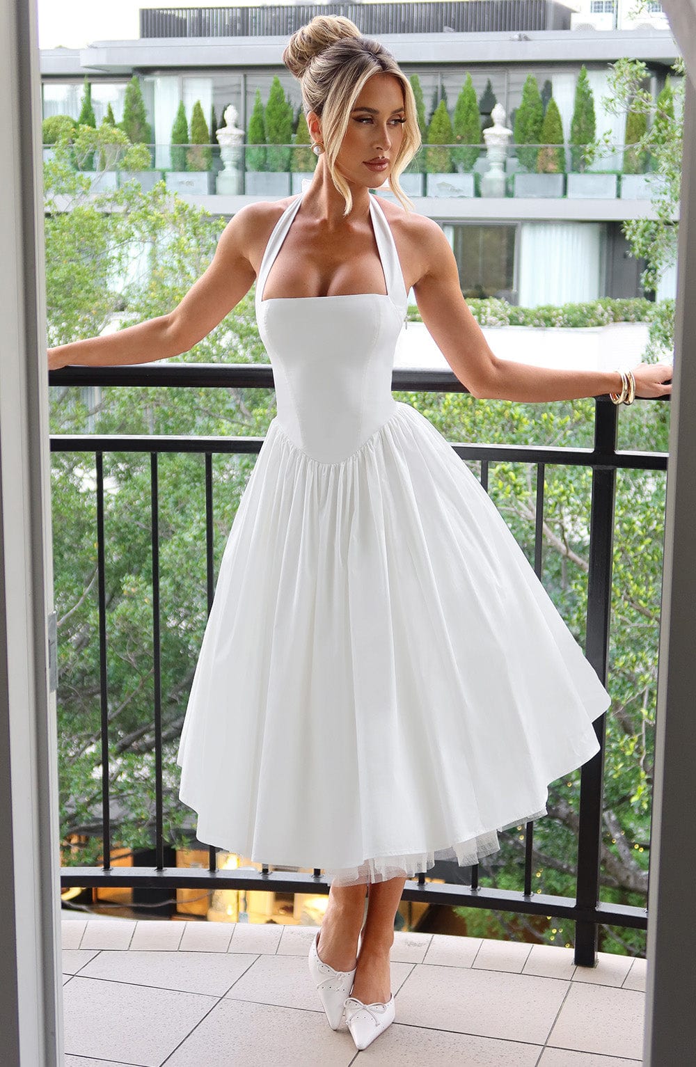 Astrid | Elegant White Women’s Wedding Guest Halter Midi Dress