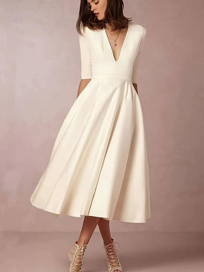 Women’s Wedding Guest Elegant Flared Midi Dress in Ivory Satin