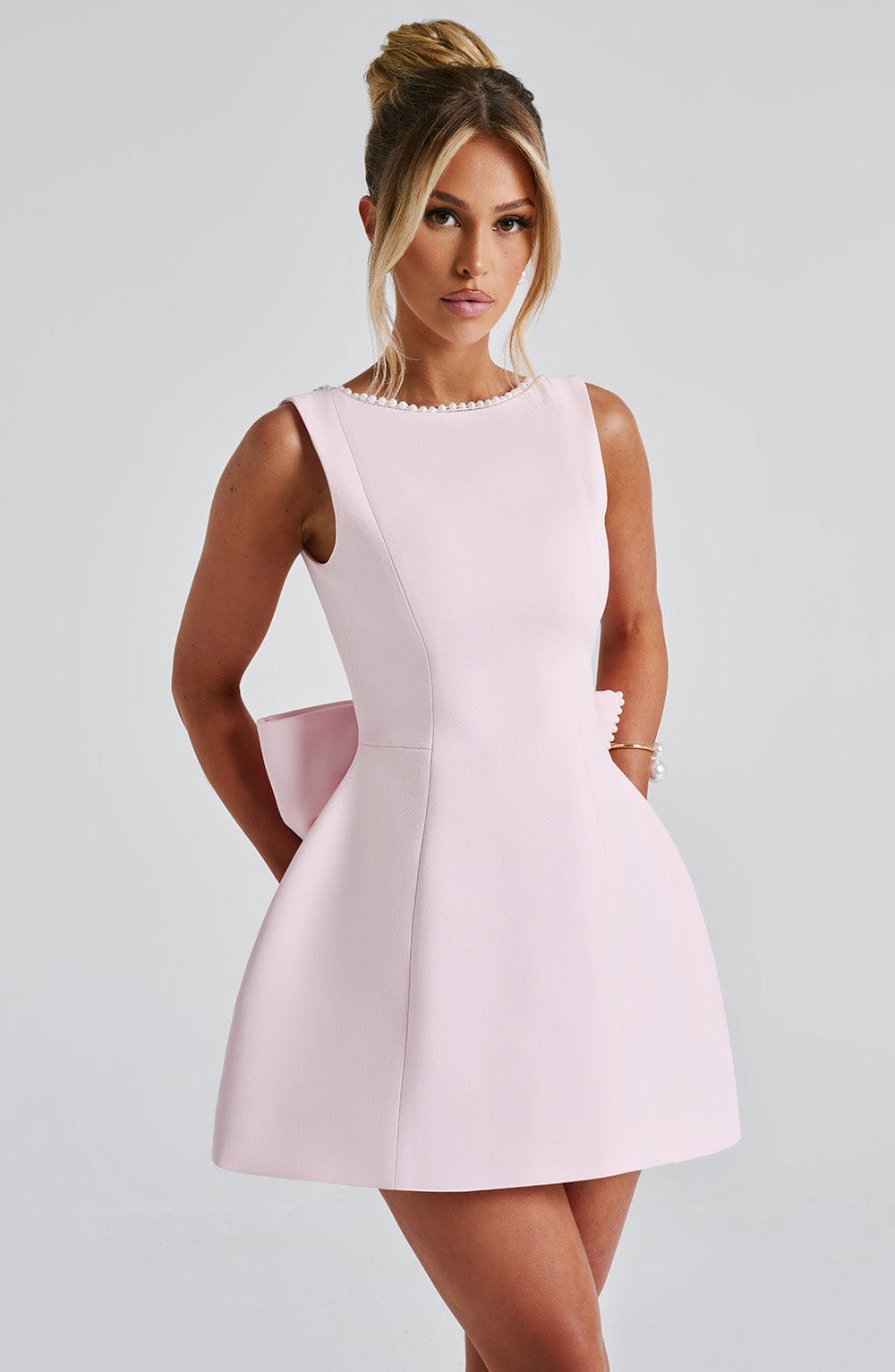 Alethea | Women's Wedding Guest Blush Pink Structured Mini Dress