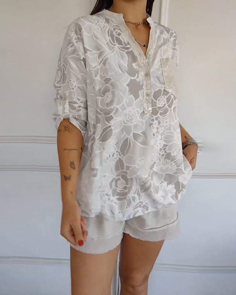 Calantha | Elegant Floral Blue Sophisticated Blouse