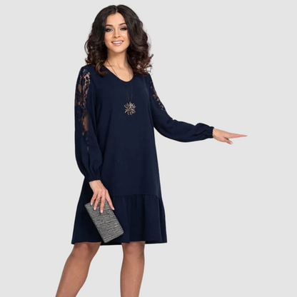 Calantha | Navy Lace-Sleeve Midi Dress