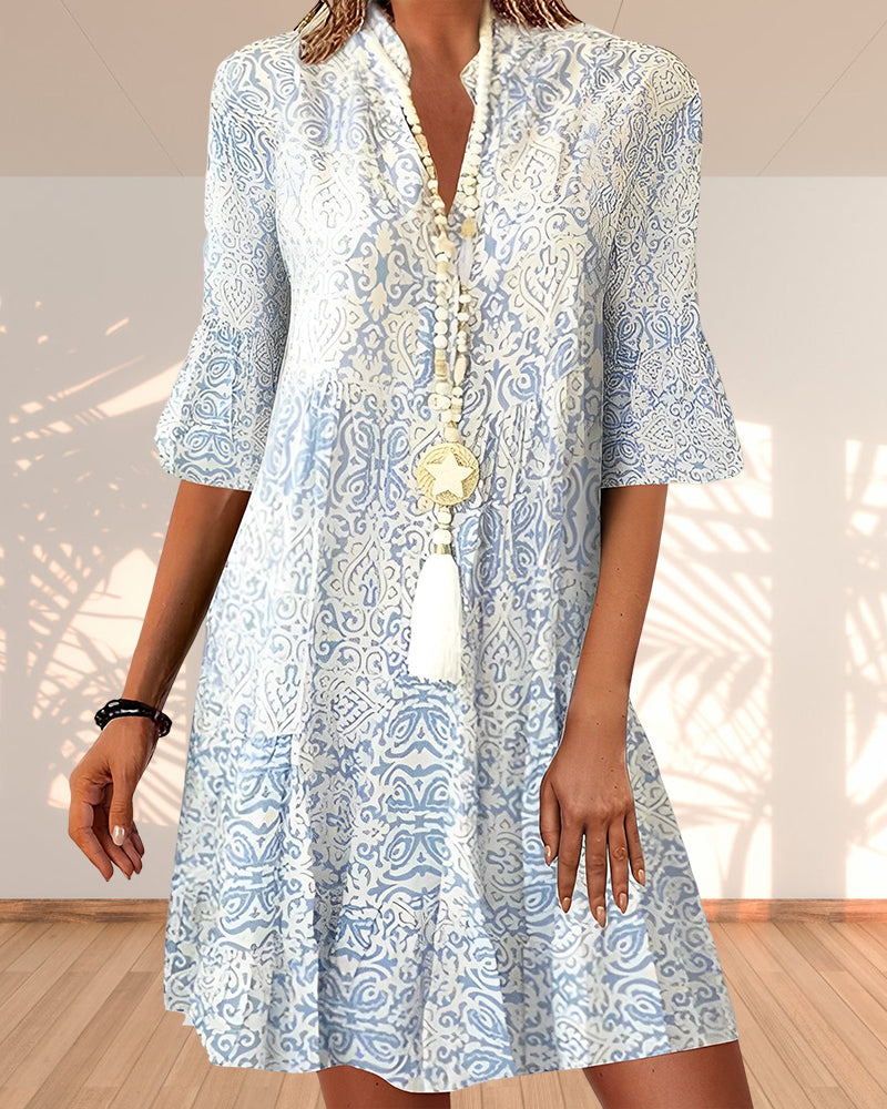 Calista | Women's Boho Light Blue Patterned V Neck Flare Sleeve Mini Dress