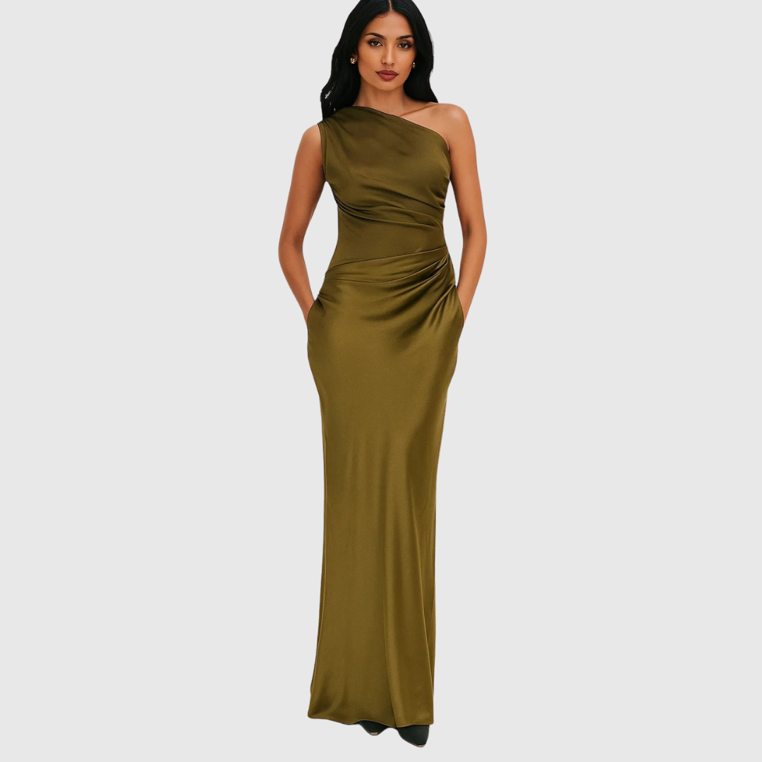 Calantha | Brown Satin Asymmetric Evening Gown