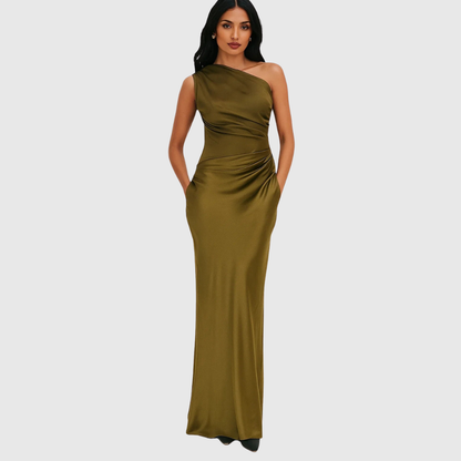 Calantha | Brown Satin Asymmetric Evening Gown