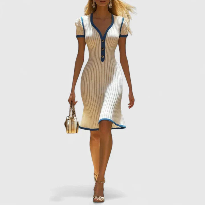 Calantha | Cream Ribbed Elegant Midi Dress