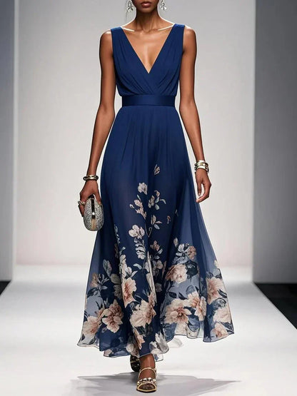 Calista | Women's Elegant Light Blue Floral Print Wedding Guest Dress