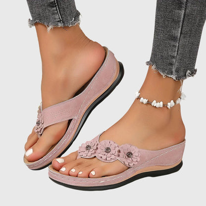 Calista | Navy Blue Orthopedic Flip Flops with Floral Details