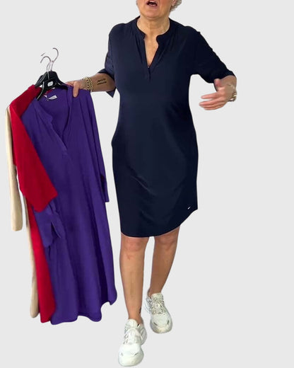 Alethea | Dark Navy Solid V-Neck Dress