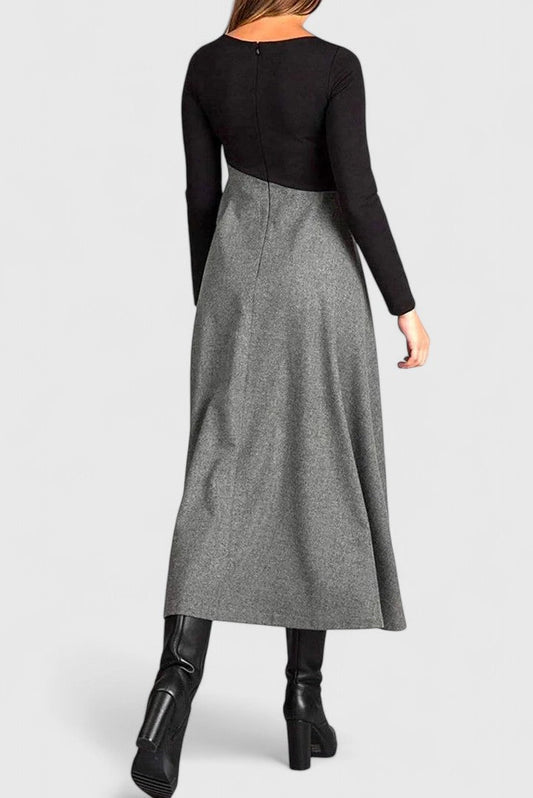 Alethea | Elegant Long Sleeve Maxi Dress in Grey Wool