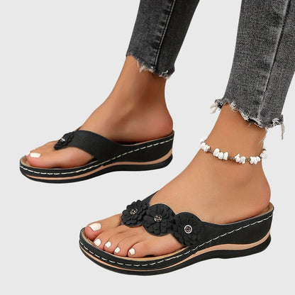 Calista | Navy Blue Orthopedic Flip Flops with Floral Details