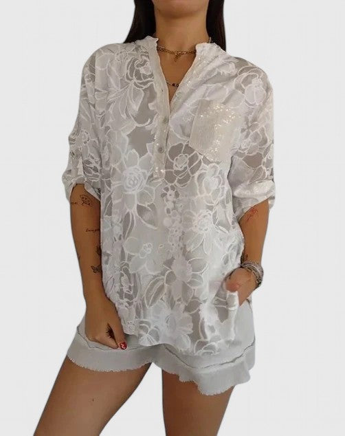 Calantha | Elegant Blue Floral Sophisticated Blouse