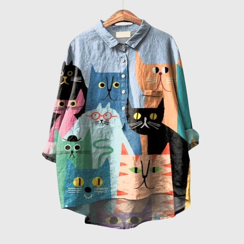 Calista | Vibrant Cat Print Linen Blouse