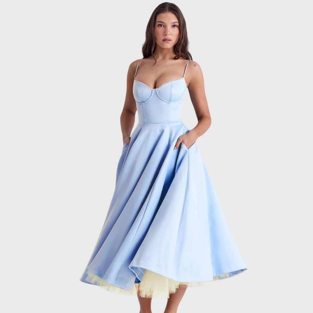 Alethea | Elegant Maxi Dress in Light Blue Satin