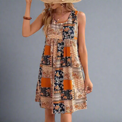 Alethea | Women's Boho Patchwork Lace Trim Sleeveless Mini Dress