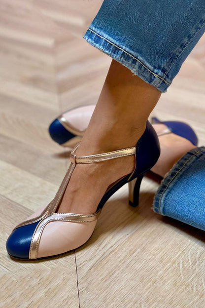 Calista | T-Strap Heel in Navy, Beige & Gold Strap - Elegant Cut