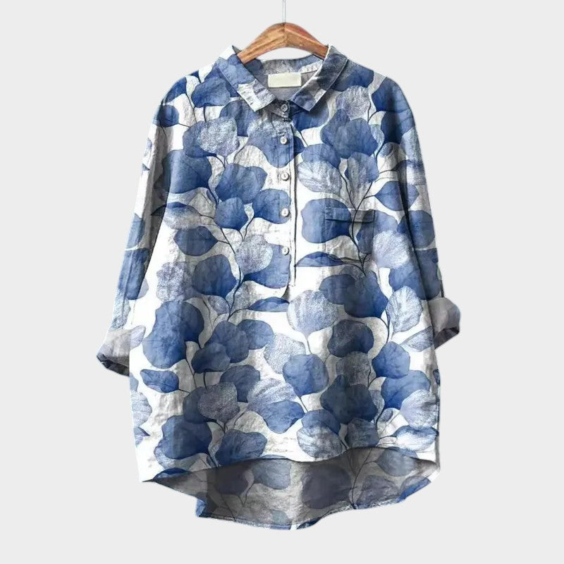 Calista | Blue Floral Linen Blouse