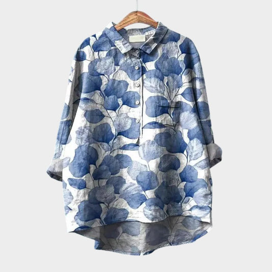 Calista | Blue Floral Linen Blouse