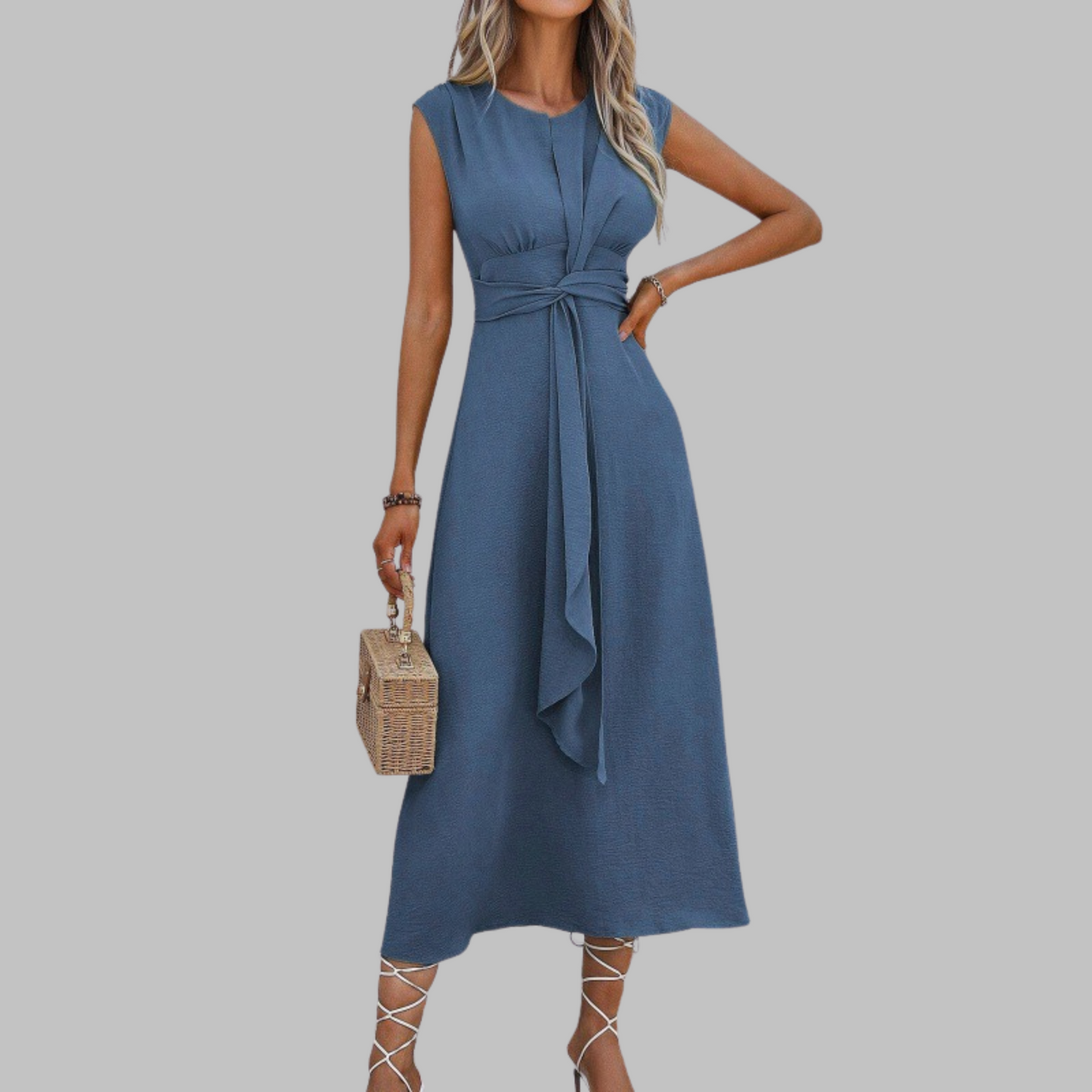 Alethea | Women’s Sleeveless Belted A Line Midi Dress in Emerald Green