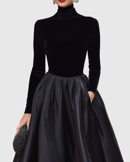 Calantha | Sophisticated Elegant Black Velvet And Satin Midi Dress