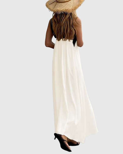 Calantha | Elegant White & Black Cross-Neck Dress