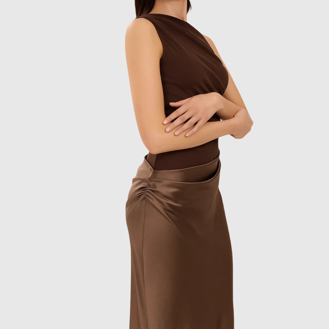 Calantha | Brown Satin Asymmetric Evening Gown