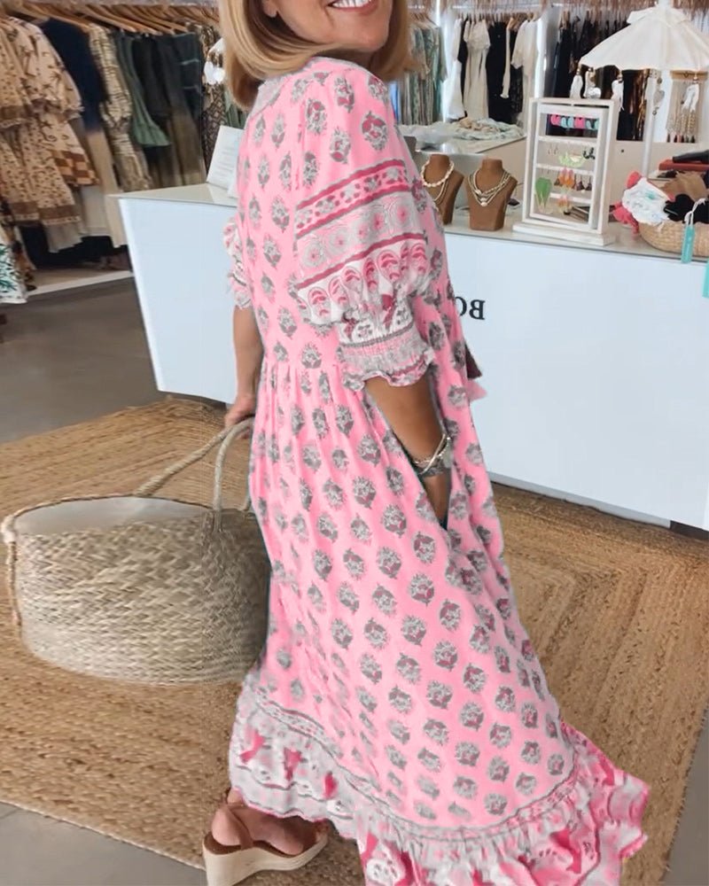 Adriana | Women's Boho Light Blue Printed Tassel Tie Midi Dress