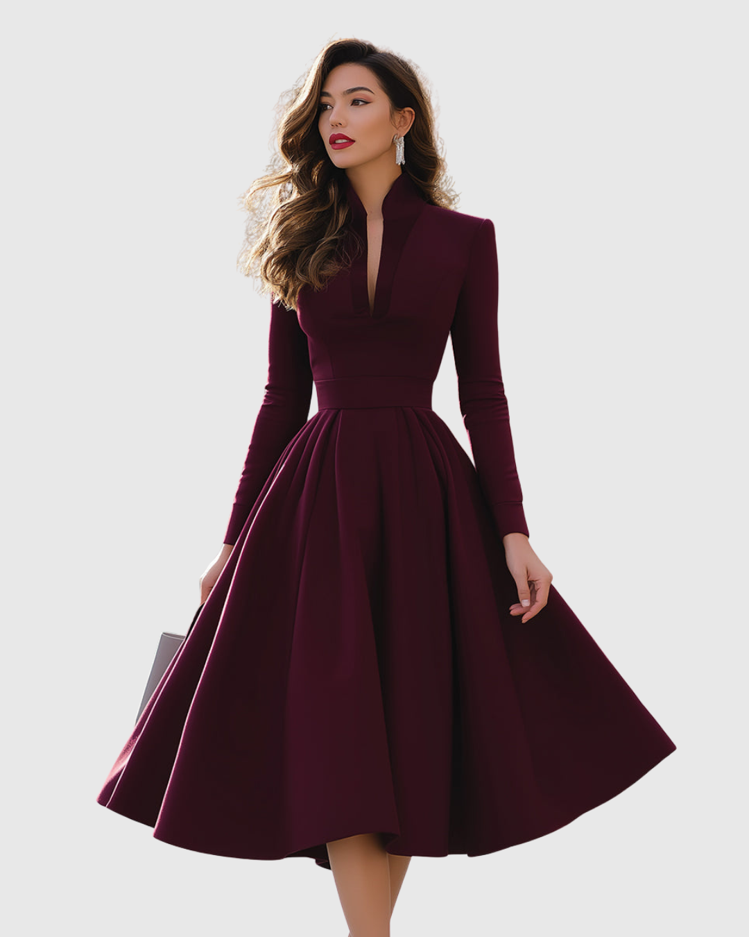 Calantha | Elegant Burgundy V-Neck Midi Dress