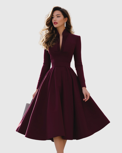 Calantha | Elegant Burgundy V-Neck Midi Dress