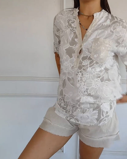 Calantha | Elegant Floral Blue Sophisticated Blouse