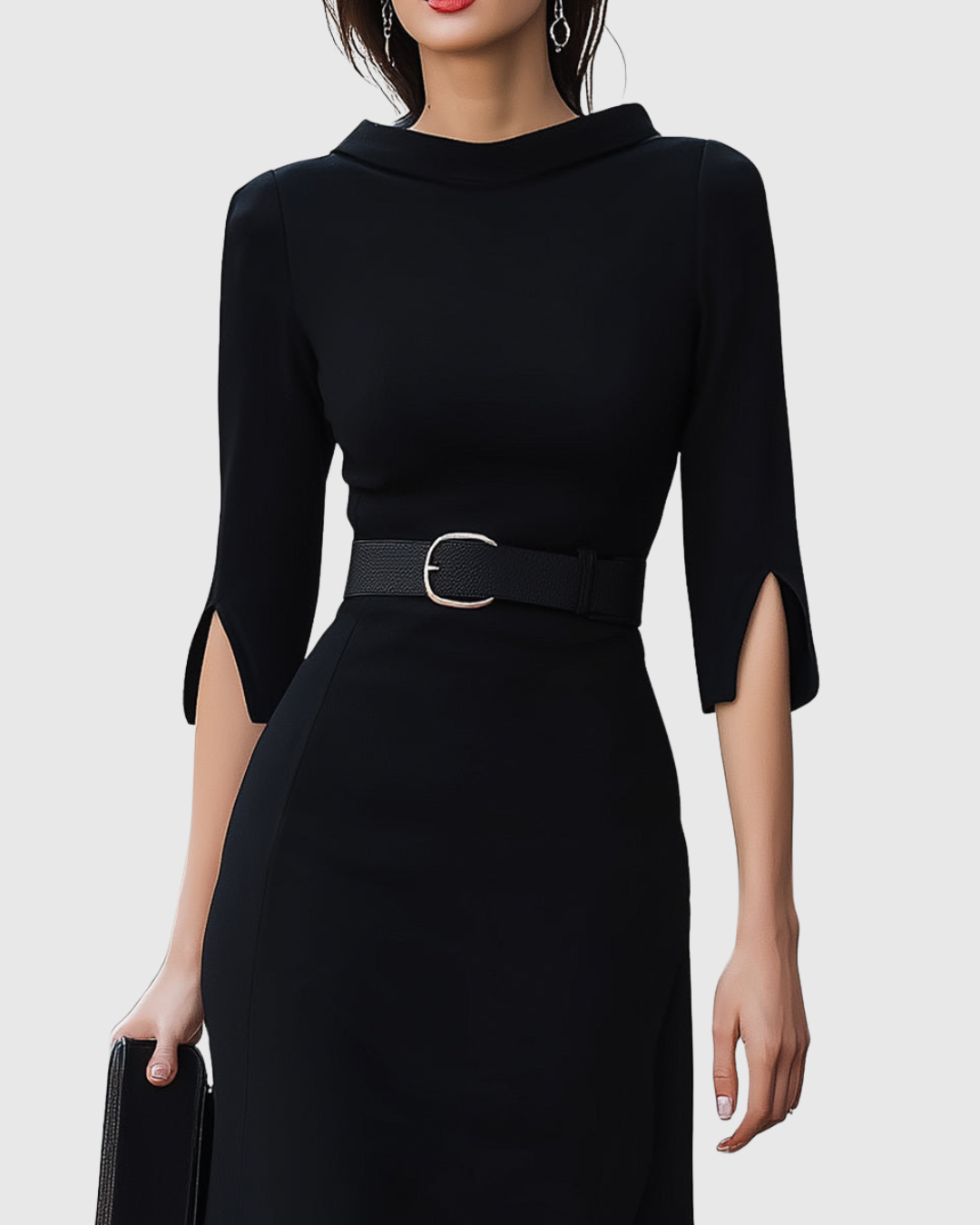 Calantha | Elegant Classic Black Midi Dress with Asymmetrical Hem