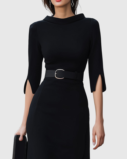 Calantha | Elegant Classic Black Midi Dress with Asymmetrical Hem