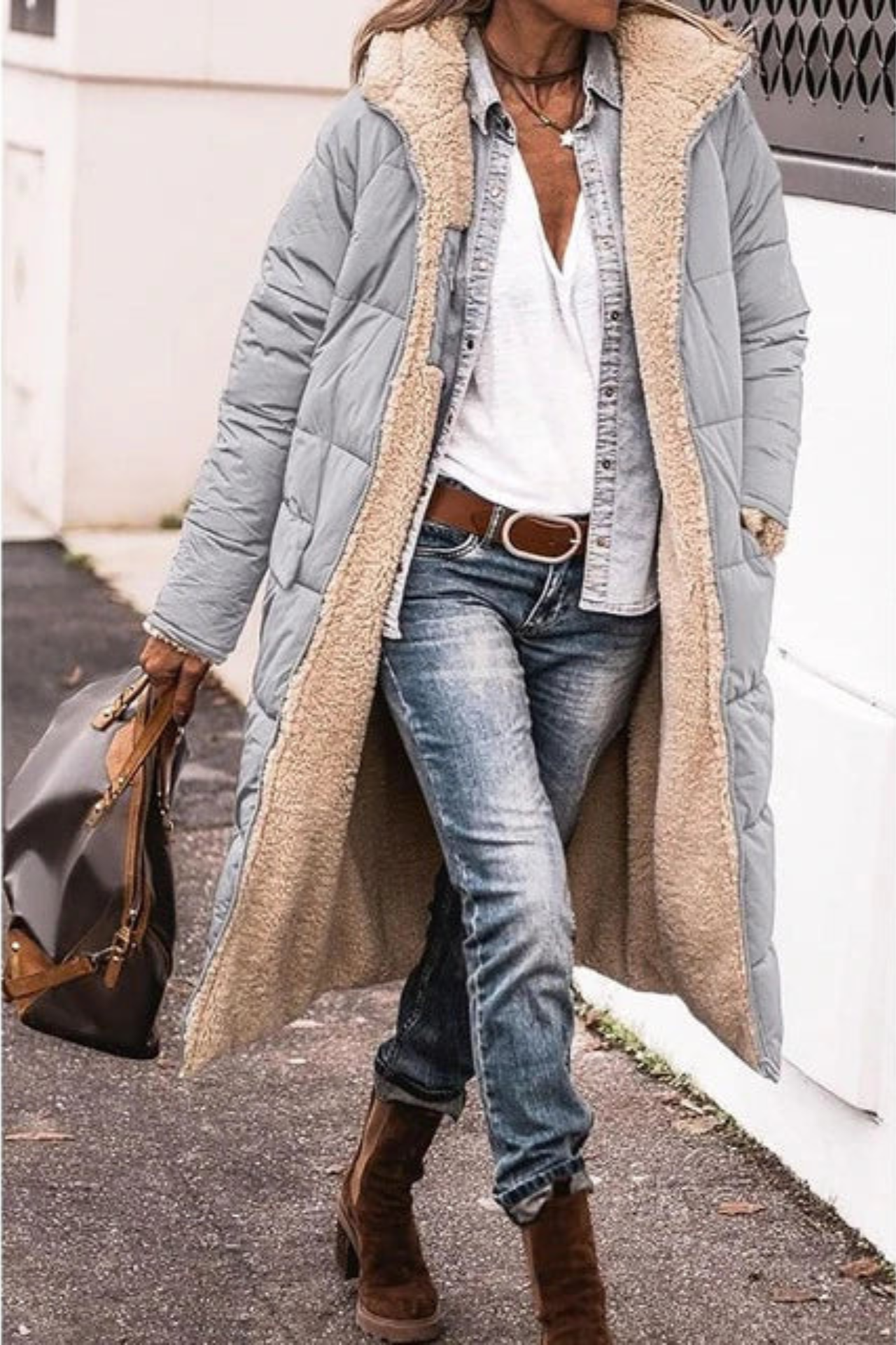 Alethea | Elegant Reversible Brown Shearling Coat