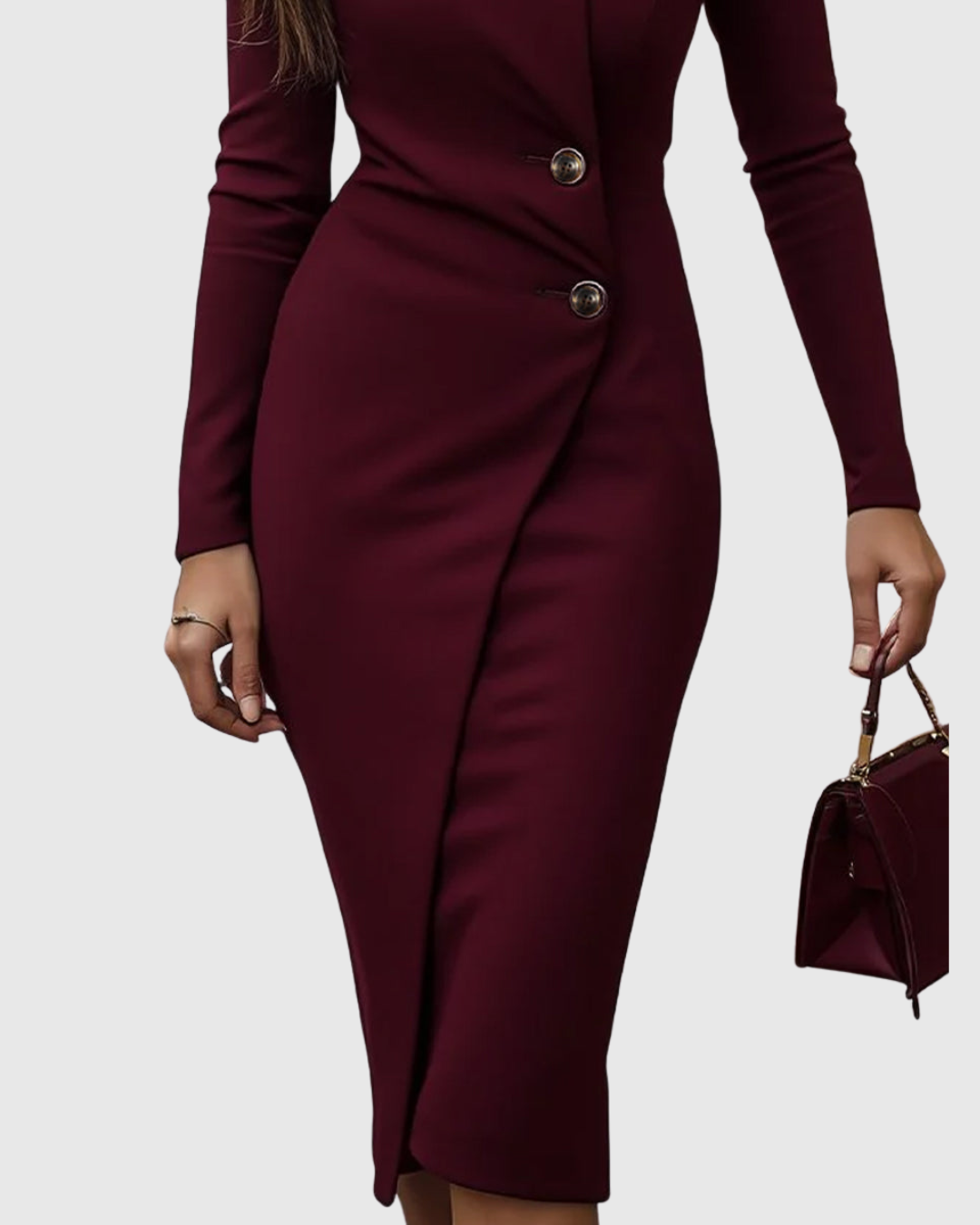 Calista | Burgundy Wrap-Style Buttoned Midi Dress in Luxe Knit