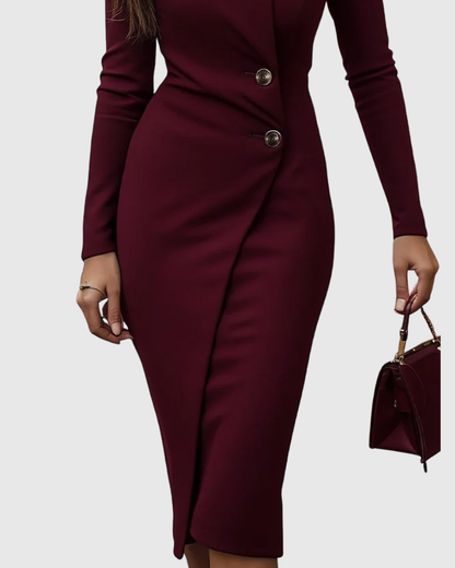 Calista | Burgundy Wrap-Style Buttoned Midi Dress in Luxe Knit