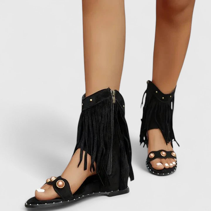 Calista | Black Fringed Elegant Sandals