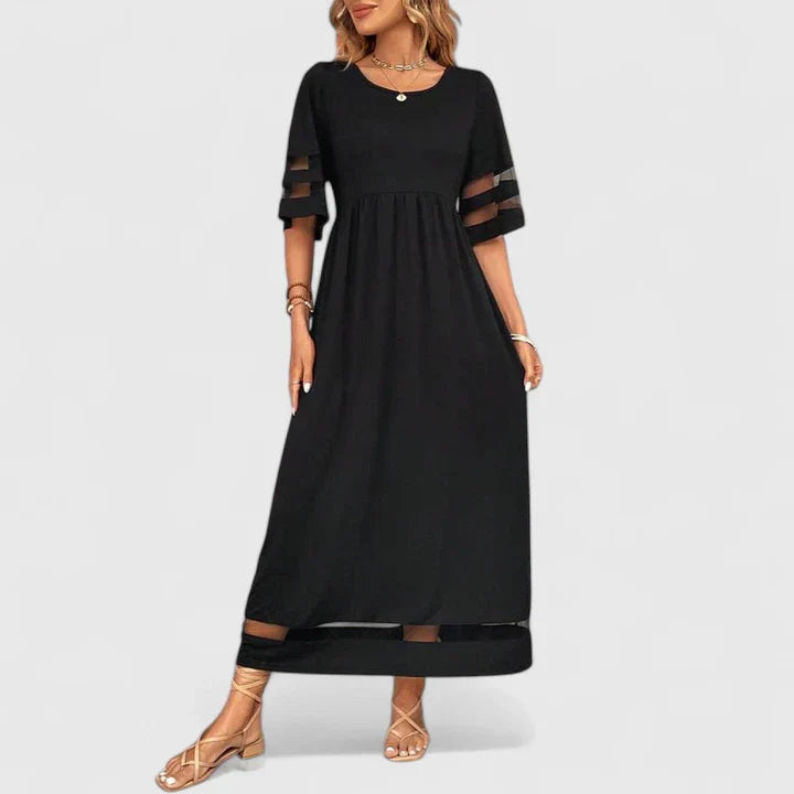 Calista | Elegant Burgundy Midi Dress with Sheer Details