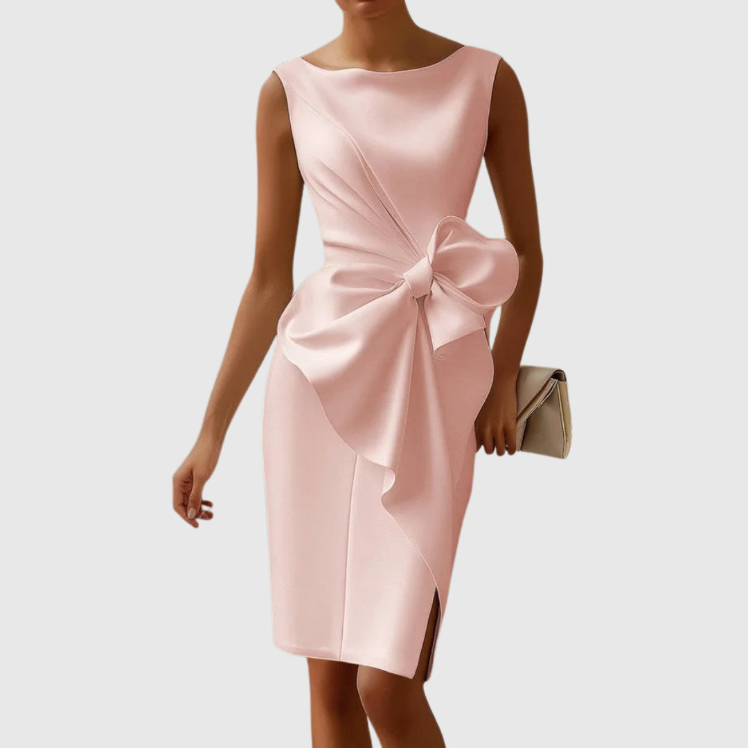 Calista | Elegant Black Sleeveless Midi Dress with Bow Detail