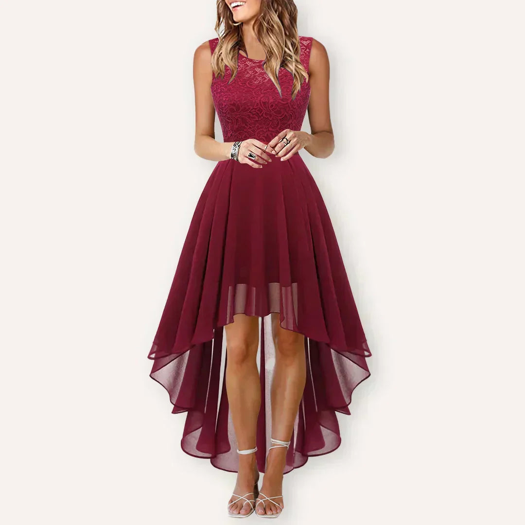 Alethea | Women’s Wedding Guest High-Low Elegant Red Lace Dress