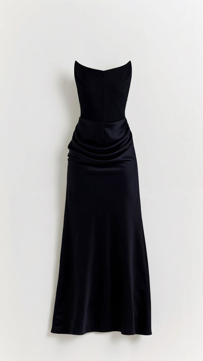 Astrid | Elegant Women's Wedding Guest Column Maxi Dress in Black Satin