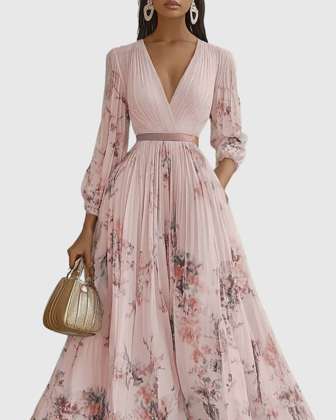 Calista | Elegant Pleated Maxi Dress in Floral White
