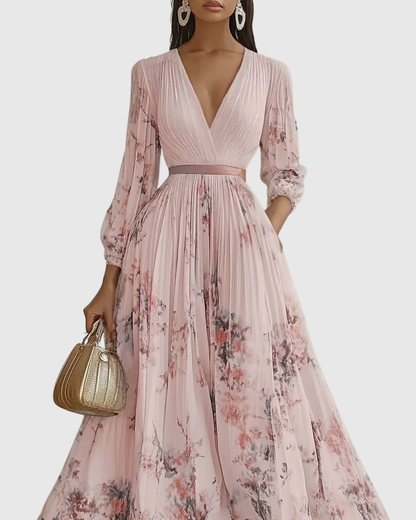 Calista | Elegant Pleated Maxi Dress in Floral White