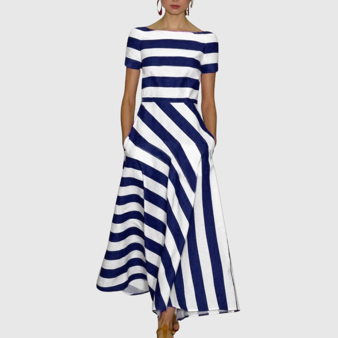 Calista | Elegant Red Light & Fluid Stripe Dress