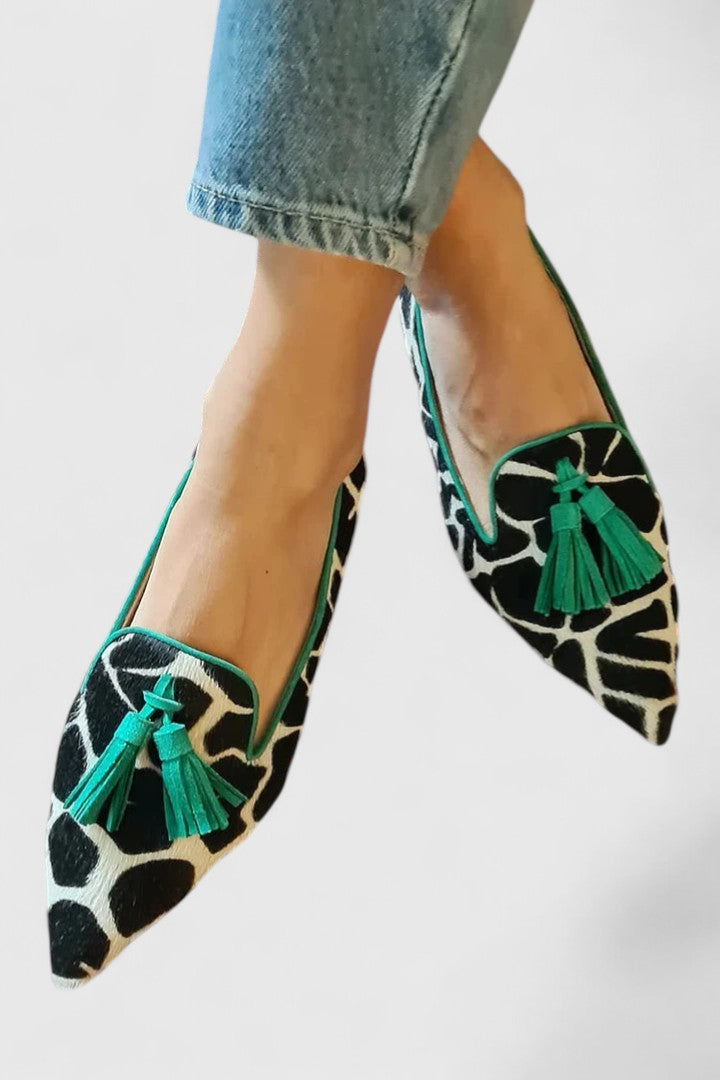 Calantha | Exquisite Black & Beige Cow-Print Sophisticated Loafers