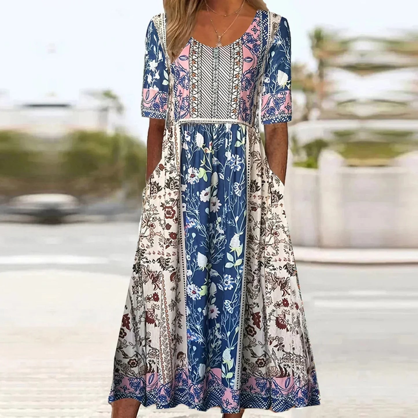 Calista | Boho Chic Printed Midi Dress with Short Sleeves in Floral Pattern