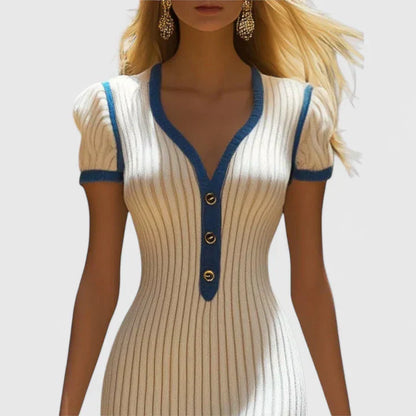 Calantha | Cream Ribbed Elegant Midi Dress