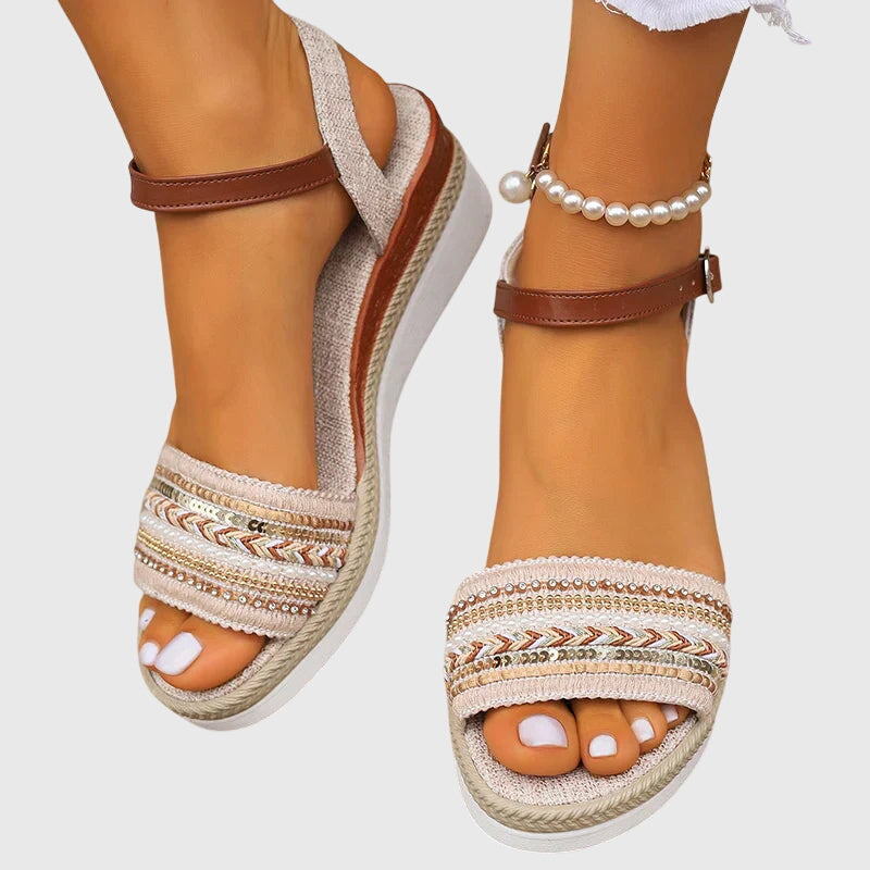 Calista | Beige Embroidered Orthopedic Summer Sandals