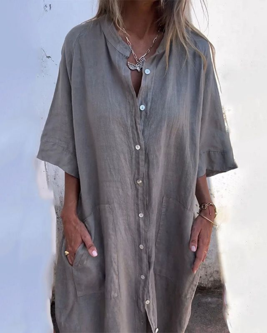 Astrid | Women's Boho Button Front Linen Gray Loose Fit Long Sleeve Midi Dress