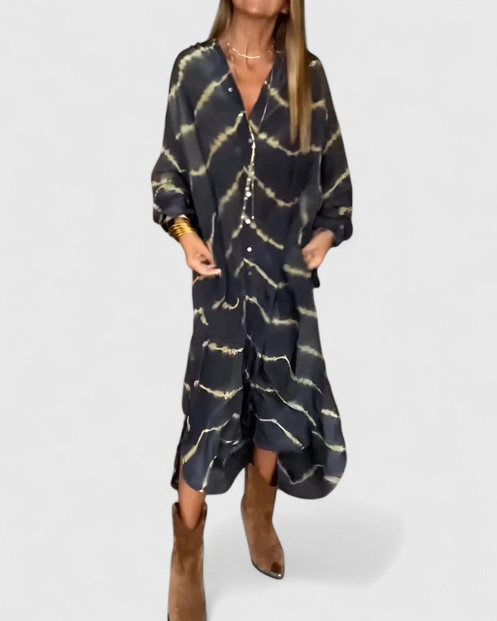 Astrid | Elegant Boho Black & Gold Striped Maxi Dress